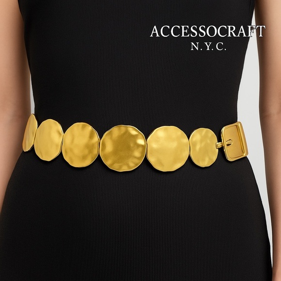 Accessories - Vintage Accessocraft NYC Gold Hammered Disc Belt Front / Centerpiece 9” — 1970s
